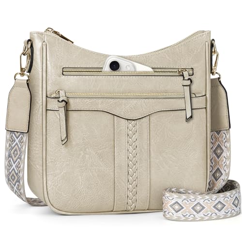 RAINSMORE Sac Bandoulière Femme Cuir PU Sacs Bandoulière avec Bretelle Amovible et Réglable Sacoche Femme Bandoulière avec Multi-poches Beige