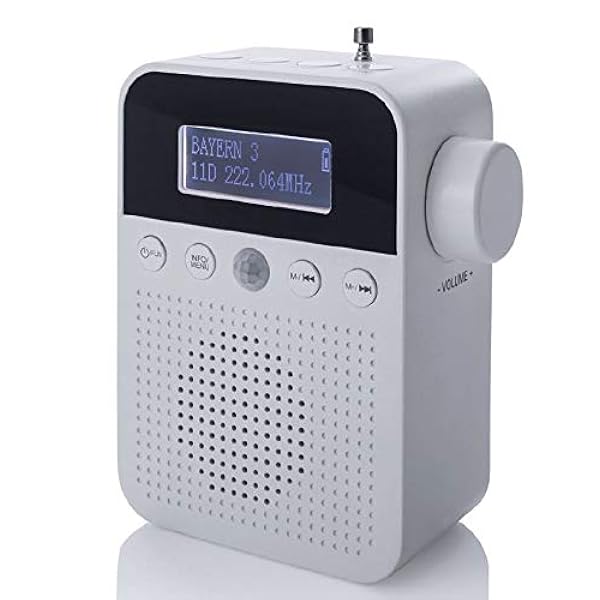 NEWTRO DAB - Radio da bagno con rilevatore di movimento, con batteria, radio portatile ideale con accensione e spegnimento automatico, funzione sveglia, presa USB, radio digitale DAB