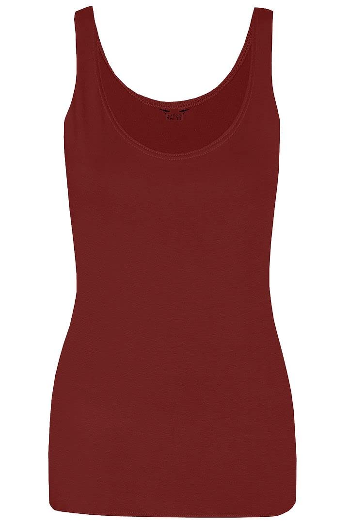 New Ladies Women Solid Wide Shoulder Tall Vest Scoop Neck Tank Top Wine
