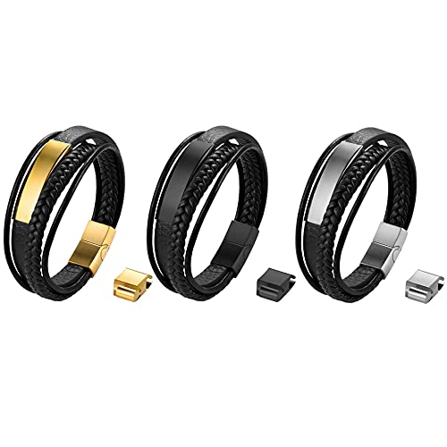 JewelryWe Lederarmband Herren Leder Armband: 3pcs Braun Mehrschichtig Geflochten Manschette Armreif mit Edelstahl Gravurplatte & Magnetverschluss Verstellbar Wickelarmband Punk Biker
