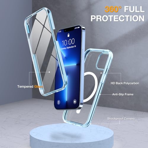 Miracase Magnetic for iPhone 13 Pro Max Case 6.7 inch, (Compatible with MagSafe) Upgrade Full-Body Clear Phone Bumper Case with Built-in 9H Tempered Glass Screen Protector, Magnetic Clear Blue
