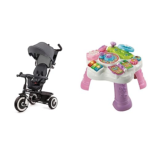 Kinderkraft Aston Dreirad ab 9 Monate bis 25 kg, Kinderdreirad mit schubstange & VTech Baby Abenteuer Spieltisch pink – Bunter Babyspieltisch mit 6 Spielfeldern und interaktiven Elementen – Farben