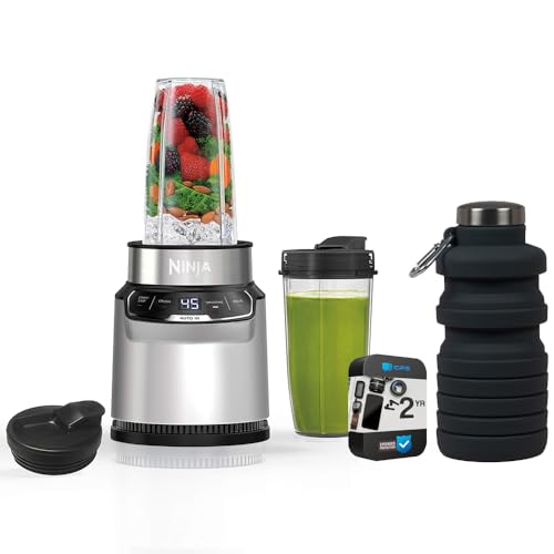 Ninja BN401 Nutri-Blender Pro with Auto-iQ, 1100W Motor (2) 24oz Cups (Renewed) Bundle with Deco Essentials Collapsable Water Bottle and 2 YR CPS Enhanced Protection Pack