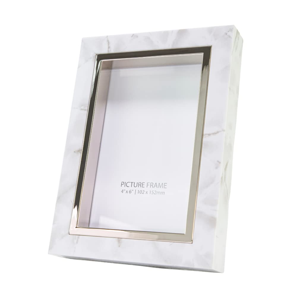 Happy Homewares Contemporary White Marble Print Plastic 4x6 Box Style Picture Frame with Silver Trim for Wall or Table | Portrait or Landscape Orientation
