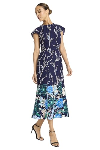 Image of Maggy London Women's Women's Floral Print Flutter Sleeve High Neck A-line - Elegant Midi Cocktail Dress