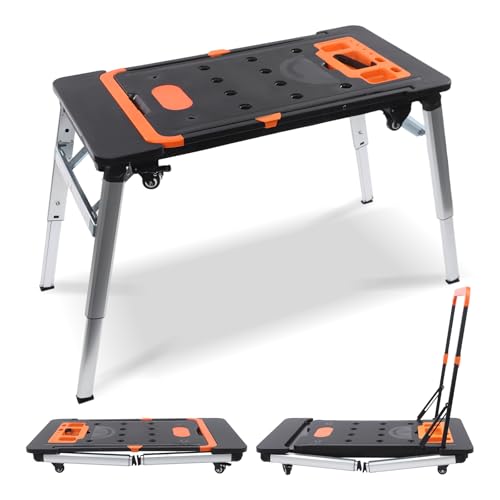 Folding Work Table 7 in 1 Multifunctional Work Benches Portable Workbench 700lbs Capacity for Garage Workshop & DIY Projects with 4 Wheels & Tool Tray