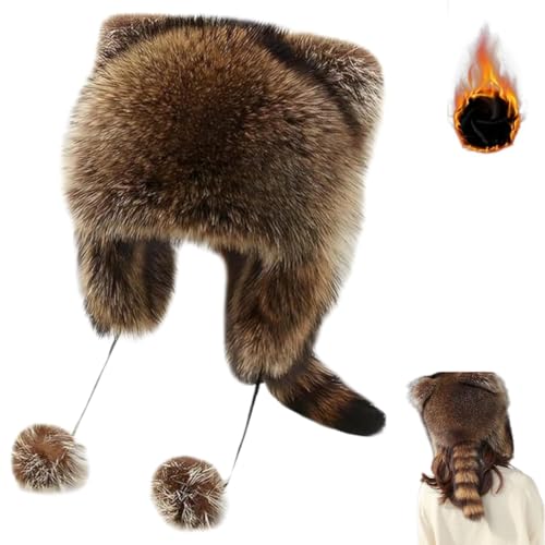 Raccoon Tail Fur Parent-Child Plush Hat,Thick Raccoon Tail Hat for Kids Adults,Cute Faux Fur Plush Winter Warm Beanie Cap