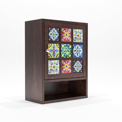 Image of Sheesham Wood Kitchen Cabinet for Home | Wall Mounted Kitchen Rack with Storage | Wooden Kitchen Unit /Organizer with 1 Door & 1 Shelf Storage (Walnut Finish)