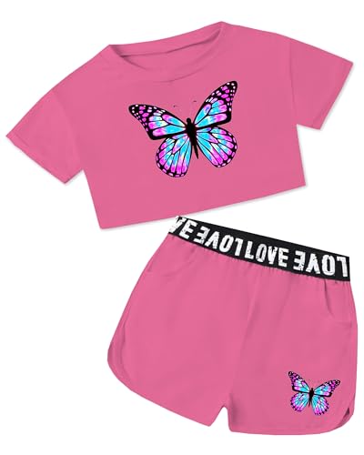 Image of Betusline Girls Summer 2 Piece Outfits,Kids Short Sleeve Crop Top & Shorts Set with Side Pockets