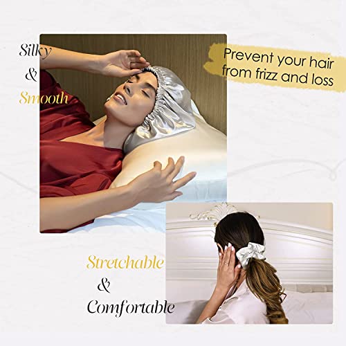 Image of GO WELL Satin Silk Bonnet for Hair with 3 Satin Scrunchies, Satin Bonnet for Curly Hair, Reversible Silk Hair Cap for Sleeping, Adjustable Satin Hair Bonnet, Satin Hair Wrap (Brown)