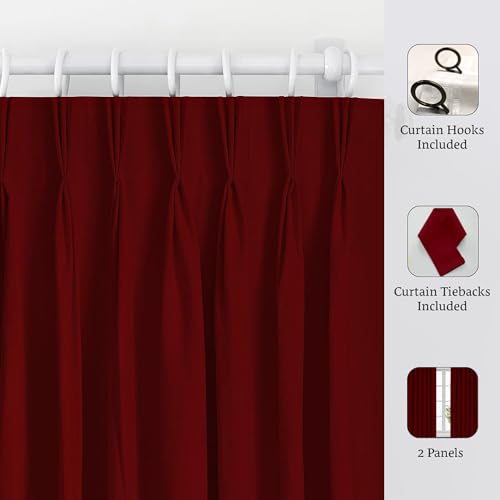 Image of Triple Pinch Pleated Blackout Curtains Thermal Insulated Room Darkening Curtains for Bedroom /Livingroom Pack of 2 Panels, Tiebacks, Hooks (Burgundy)
