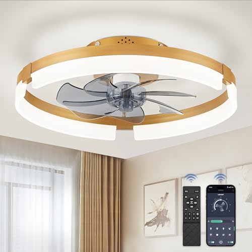 Image of LEDIARY 19.7 Inch Low Profile Ceiling Fans with Lights and Remote, 6 Speeds, 3 CCT, Reversible, Dimmable Flush Mount Fan Light, Modern Ceiling Fan with Light for Bedroom, Gold