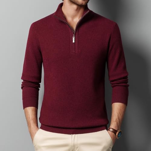 Mens 100% Wool Quarter-Zip Pullover Sweater Casual Mock Neck Winter Warm Long Sleeves Polo Sweaters2