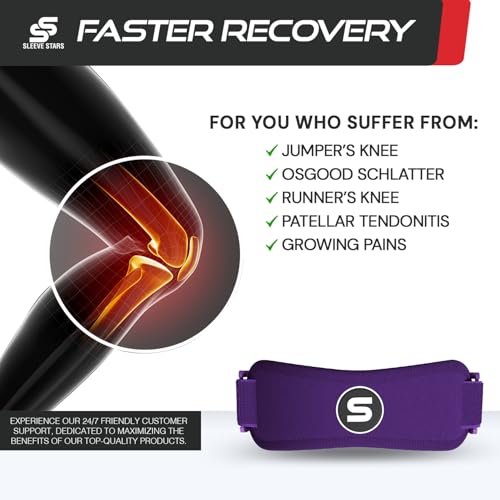 Image of Sleeve Stars Swedish Brand Patellar Tendon Support Strap for Women & Men Effective Osgood Schlatter Knee Brace Youth & Kids Knee Brace with 3 Adjustable Length fits 7 inch-15 inch (Single /Dark Purple /Kids)