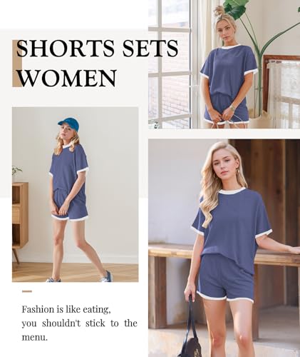 Image of MARZXIN Women 2 Piece Shorts Set 2026 Casual Summer Cruise Outfits Ribbed Loose Short Sleeve Pocket Matching Lounge Sets