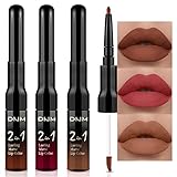 DNM 3Pcs Dark Nude Red Matte Lip Liner and Liquid Lipstick Sets or Dark Skin Women Stay on Lipstick...