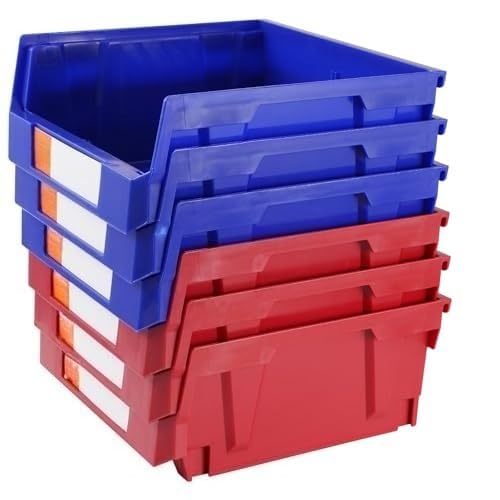 Plastic Storage Bin, (11-Inch x 11-Inch x 5-Inch), Hanging Stackable Storage Organizer Bin, Blue/Red, 6-Pack, Heavy Duty Stacking Containers for