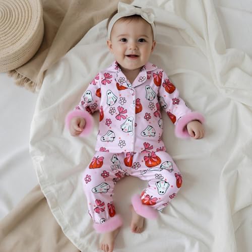 Kuriozud Kids Toddler Girl Satin Pajamas Fuzzy Trim Long Sleeve Button Down Shirt Top and Pants 2pcs Pjs Sets Sleepwear3