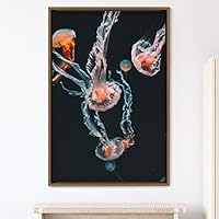 Framed Canvas Wall Art Jellyfish Bedroom Colorful Jellyfish Marine Life Multicolor Neon Photography Tropical - 16x24 inches
