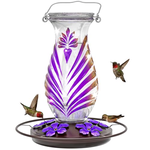 Hummingbird Feeder for Outdoors 24oz Glass Nectar Feeder with Perch & 5 Flower Feeding Ports Leakproof Hanging Bird Feeder for Garden Yard Decor Outside Gifts for Women & Mom Lavender