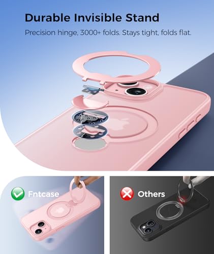 Image of FNTCASE for iPhone 15 Plus Case: iPhone 14 Plus Phone Case [360 Spin Magnetic Stand] [Compatible with Magsafe] [Screen Protector] Translucent Matte Military Grade Shockproof Phone Cover - Pink
