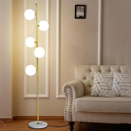 Lampada da terra minimalista in vetro da 66,9' con 5 sfere, base in marmo, lampada alta in vetro smerigliato con corpo in ferro, luce da terra dimmerabile E26 per soggiorno, camera da letto, studio