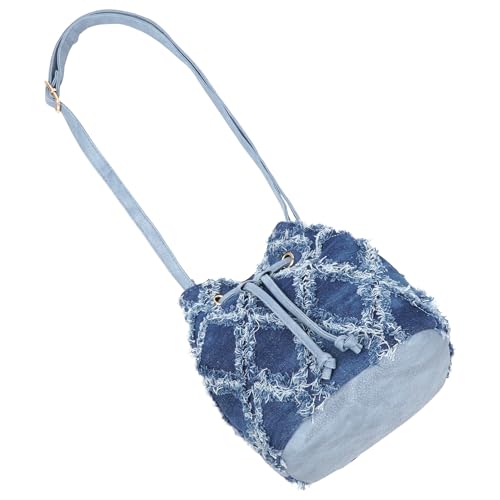Image of Women Denim Mini Bucket Shoulder Crossbody Bag Drawstring Quilted Distressed Tassel Barrel Shape Satchel Purse
