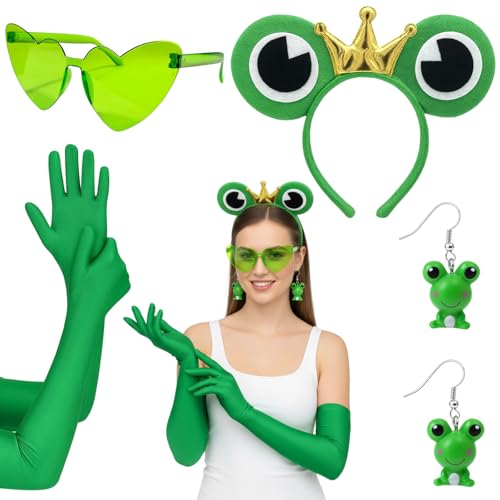 YceLon 4 Stück Frosch Kostüm Erwachsene Froschkostüm Set mit Handschuhen Ohrringen Haarreif und Sonnenbrille Froschkönig Kostüm Damen perfekt für Karneval Kostümpartys und Themenveranstaltungen