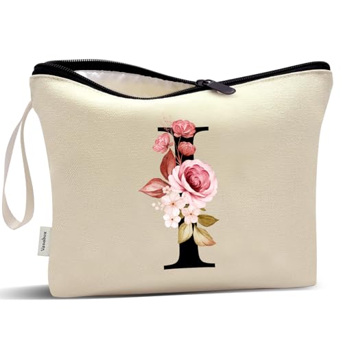 Image of Vavabox A-Z Personalized Makeup Bag, Birthday Gifts for Women Mom, Gifts for Best Friend, Bride Bridesmaid Cosmetic bag (I, Cream Yellow)