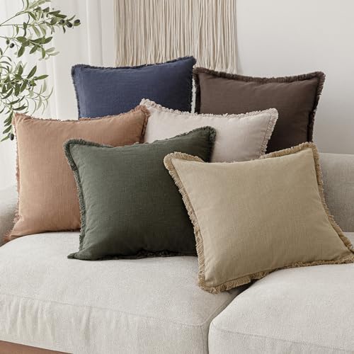 Image of Foindtower Decorative Linen Fringe Throw Pillow Covers Cozy Boho Farmhouse Cushion Cover with Tassels Soft Accent Pillowcase for Chair Sofa Bed Living Room Home Decor, 24x24 Inch, 1PC,Reddish Brown