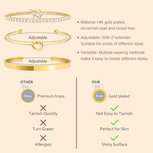Gold Bangle Cuff Knot Bracelet for Women Stack Non Tarnish 14k Gold Plated Dainty Cubic Zirconia Tennis Bracelets Jewelry Set for Women Trendy2