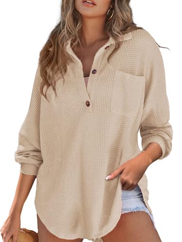 DERAX Women's Oversized Waffle Knit Shirt Henley...