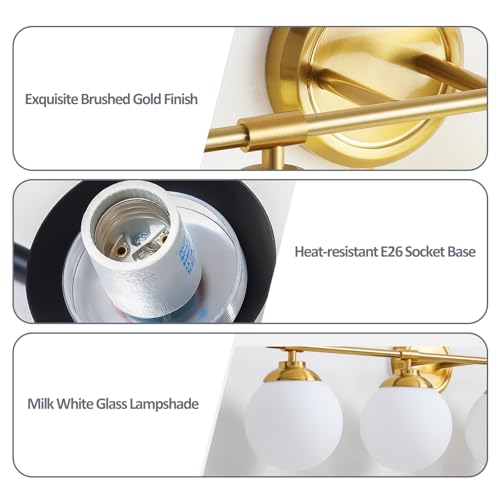 Image of Rayogale Bathroom Light Fixtures, 2-Light Gold Vanity Lights Over Mirror with White Glass Shade, 15 Inch Bathroom Wall Sconces for Bedroom Living Room (Bulbs Not Included)