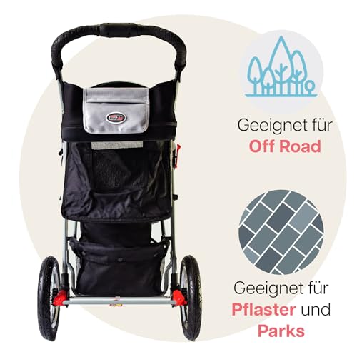 Hundebuggy Innopet Comfort Air Eco Schwarz/Silber – Hundewagen Katzenwagen mit 30cm Luftreifen, einhändig faltbar, für Waldwege geeignet – reflektierende Streifen, Organizer Vorderrad fixierbar
