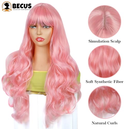 BECUS Pink Wig Body Wavy Wigs for Women Synthetic Wig Natural Curly with Straight Bangs for Cosplay Party Halloween Costume(24"-Pink) - Image 4