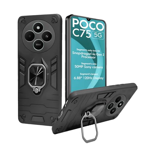 Image of A rtistque Armor Bumper Back Case Cover for Mi Redmi A4 5G / Mi Redmi 14C 5G / Poco C75 5G / Poco M7 5G | Stylish Ring Holder & Inbuilt Stand | Shockproof TPU | 360 Degree | Back Cover - Black
