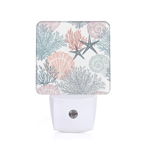 Image of Beach Seashell Coral Starfish Night Light,Plug into Wall with Dusk to Dawn Light Sensors, Nightlights for Bedroom, Bathroom, Hallway, Kitchen, Gifts for Girls Women