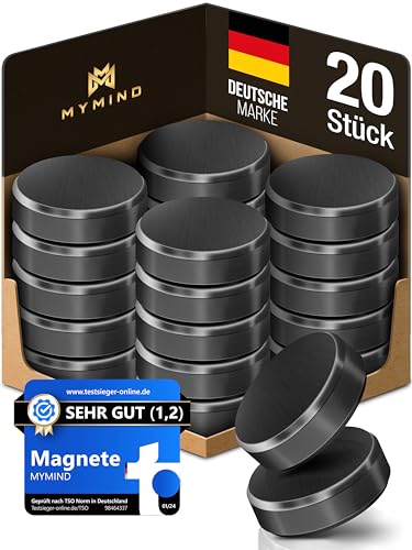 MYMIND® Magnete für Magnettafel [EXTRA STARK] - 20x Starke Magnete für Whiteboard, Pinnwand & Kühlschrank - Kleine Magnete schwarz - Magnete Kühlschrank kein zerkratzen - Tafel Magnet klein 18x5mm