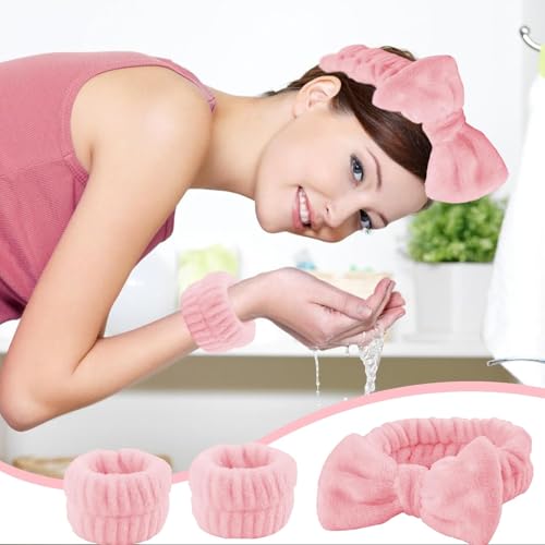 Image of Spa Headband and Wristband Set, Face Wash Headband Makeup Skincare Headband Wrist Bands Washing Face for Preppy Skincare Women Girl (Pink)