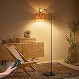 CASENKE Boho Rattan Floor Lamp: 70' Arc Tall Lamps with Remote and APP Control - Standing Black Floor Lampara with Dimmable LED Bulb for Bedroom, Office and Nursery