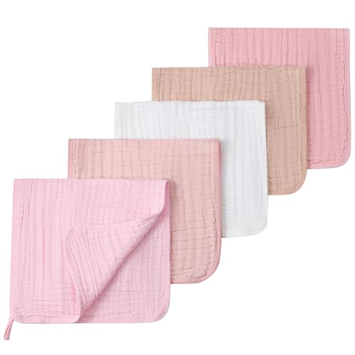 Image of SnugOre Muslin Burp Cloths 5 Pack Large 20x12 inches Baby Burping Cloths, 6-Layer 100% Cotton for Newborn Boys Girls, Ultra Soft & Absorbent (White & Pink)