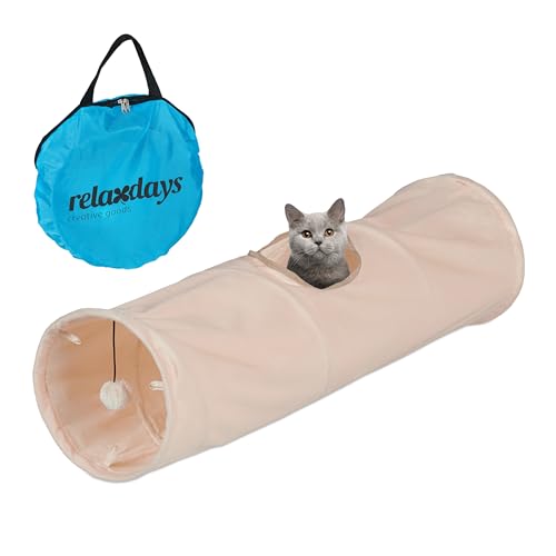 Relaxdays Katzentunnel, weiches Plüsch, mit Spielball, Faltbare Katzenröhre, B x D: 88 x 25 cm, Spieltunnel, beige