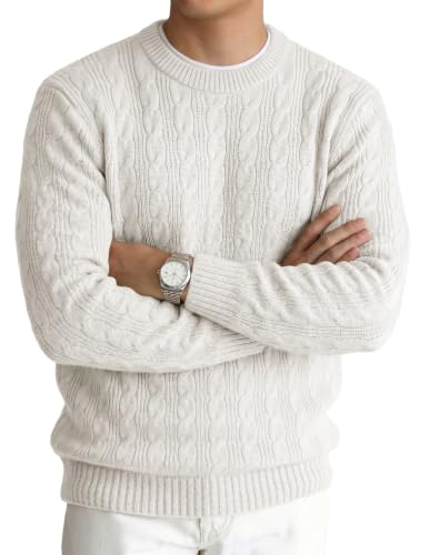 JMIERR Mens Cable Knit Crewneck Sweater Pullover Tops, M, White