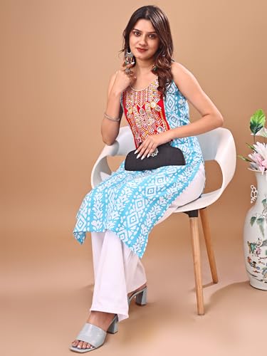 Image of EthnicJunction Women's Cotton Blend Straight Fit Straight Embroidered Batik Print Shoulder Straps Kurta | Navratri Special Kurta