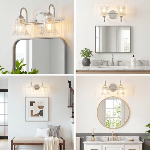 Image of Vintage Farmhouse Bathroom Vanity Light Fixture, 3-Light Chrome Wall Sconce Over Mirror with Tulip Flower Glass Shade, 14.6 Inch Bath Wall Lamp for Bathroom Bedroom Hallway
