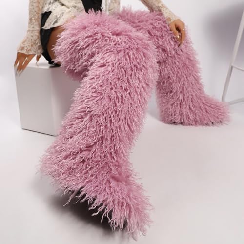Image of Black Thigh High Fur Boots, Over the Knee Fluffy High Boots, Tall Furry shoes for Women