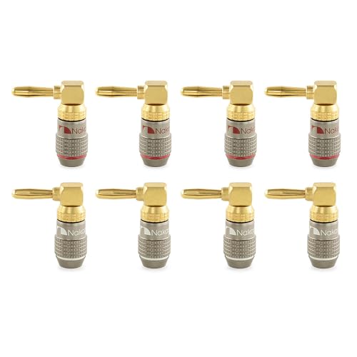 Image of Nakamichi FanLock Excel Series 24k Gold Plated Right-Angle 90 Degree Banana Plug 10 AWG - 18 AWG Gauge Size 4mm for Speakers Amplifier Hi-Fi Home Theatre Wire Cable Quick Connector, 8 Pcs (4-Pairs)