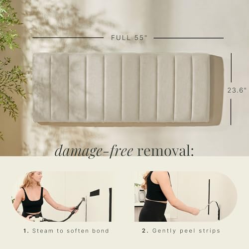 Image of Hearth & Harbor Wall Mounted Full Headboard Only, Bed Headboard Full Size | Easy Assemble, Floating Peel and Stick, Upholstered, Channel Stitched, 3D Wall Panels, 5 Strips of 3M Tape Included, Linen