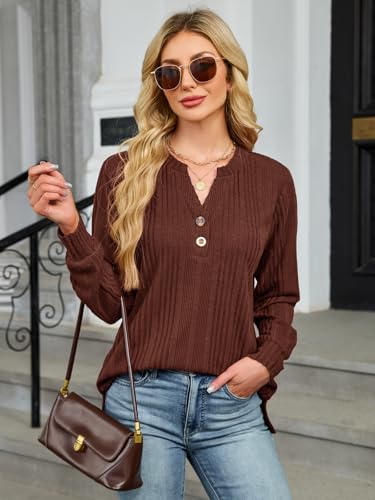 Long Sleeve Shirts for Women Oversized Henley Tunic Tops V Neck Casual Top Loose Fit Pullover Sweaters Fashion Clothes Brown — view 5