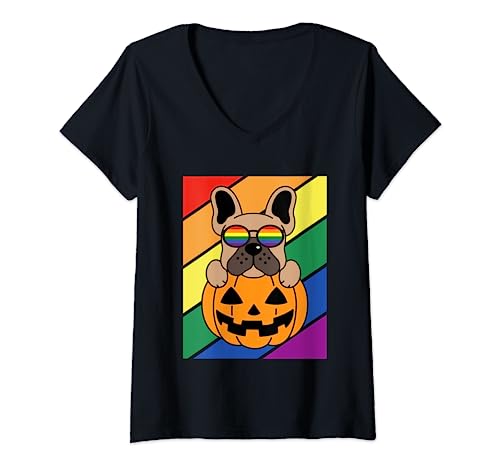 Mujer Gafas LGBTQ con diseño de bandera gay del orgullo gay para Halloween Camiseta Cuello V